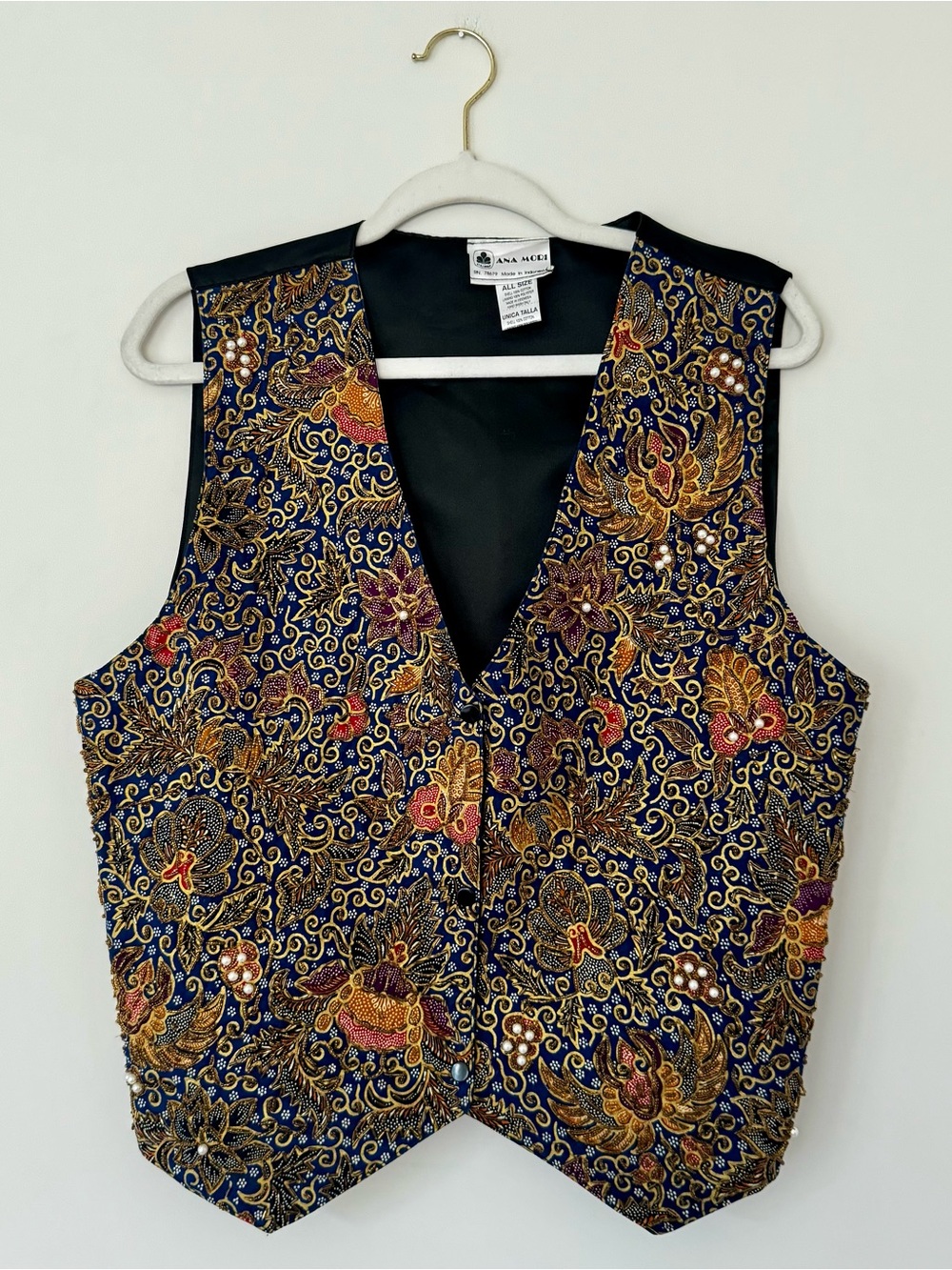 Ana Mori Vintage 80s Batik Beaded Floral Vest, Black / Navy / Gold – One Size
